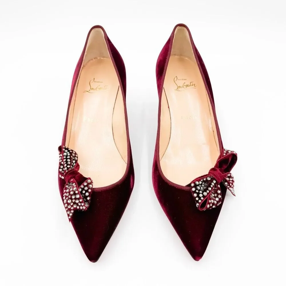 Christian Louboutin Velvet Madame Menule Bow Pumps Kitten Heel EU 38.5 US 8.5